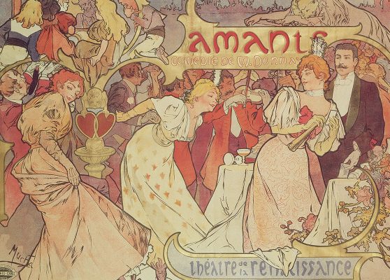 Alphonse Mucha. Los Amantes, litografía a color, 1895. © Mucha Trust 2025
