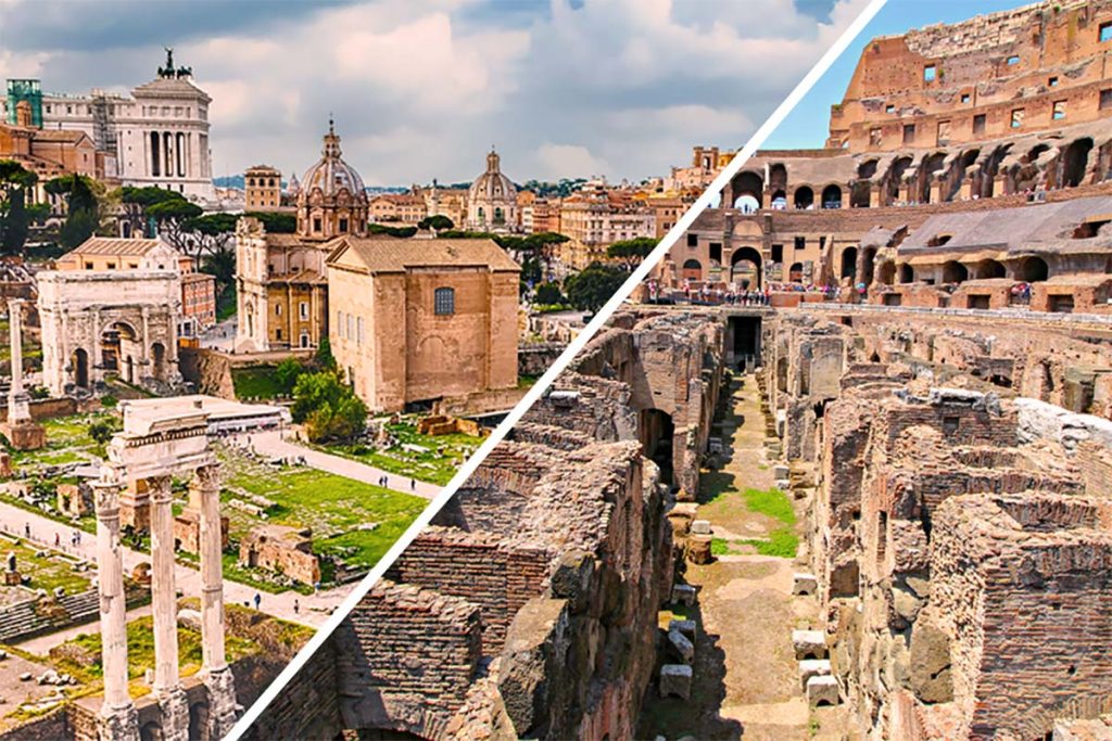Tour de los subterráneos del Coliseo y arena + Foro Romano y Palatino