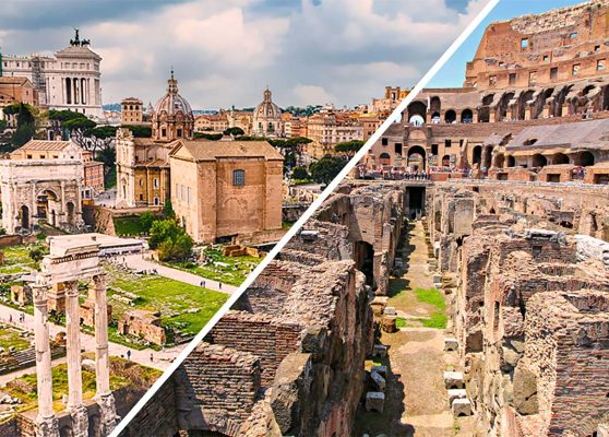 Tour de los subterráneos del Coliseo y arena + Foro Romano y Palatino